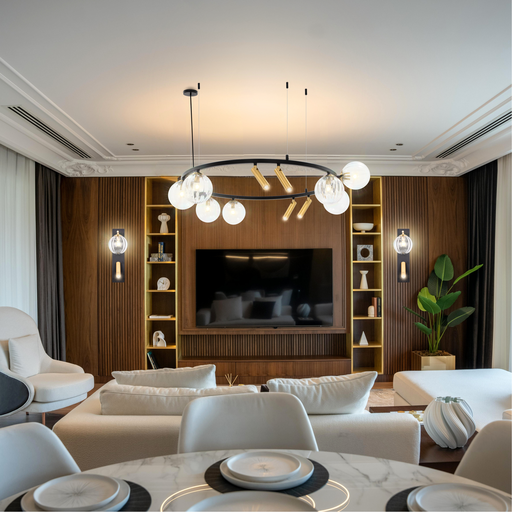 SUSPENSION 7*G9+LED4W 220V L870*750*H1200MM DAMYA (NOIR+BRASS+VERRE CLAIR)