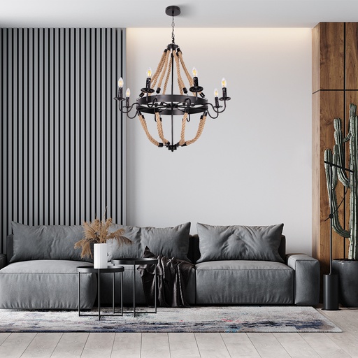 LUSTRE 8XE14 220V D900*1060 (NOIR+CORDE DE CHANVRE)