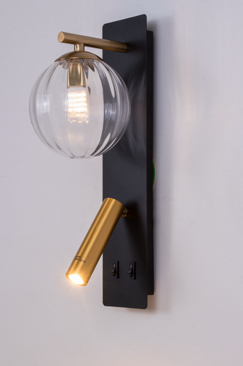 APPLIQUE MURALE 1*G9+LED 1W AVEC SWITCH 220V L350*120*H155MM DAMYA (NOIR+BRASS+VERRE CLAIR)